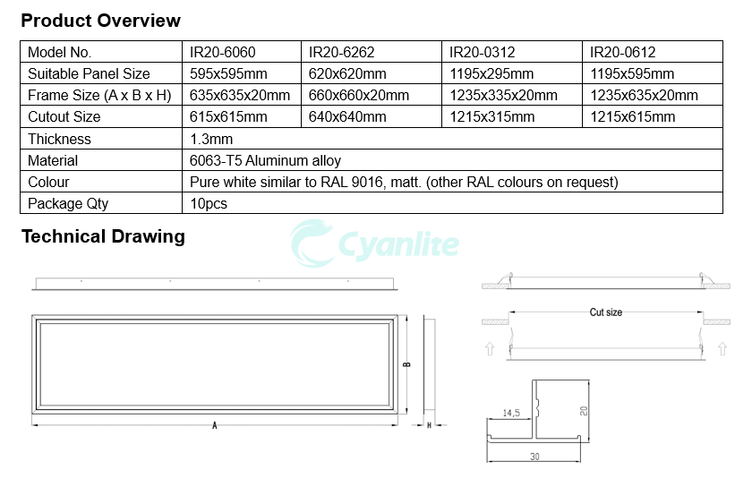 Recessed R20_Cyanlite installation frame accessories for LED Panel Lights